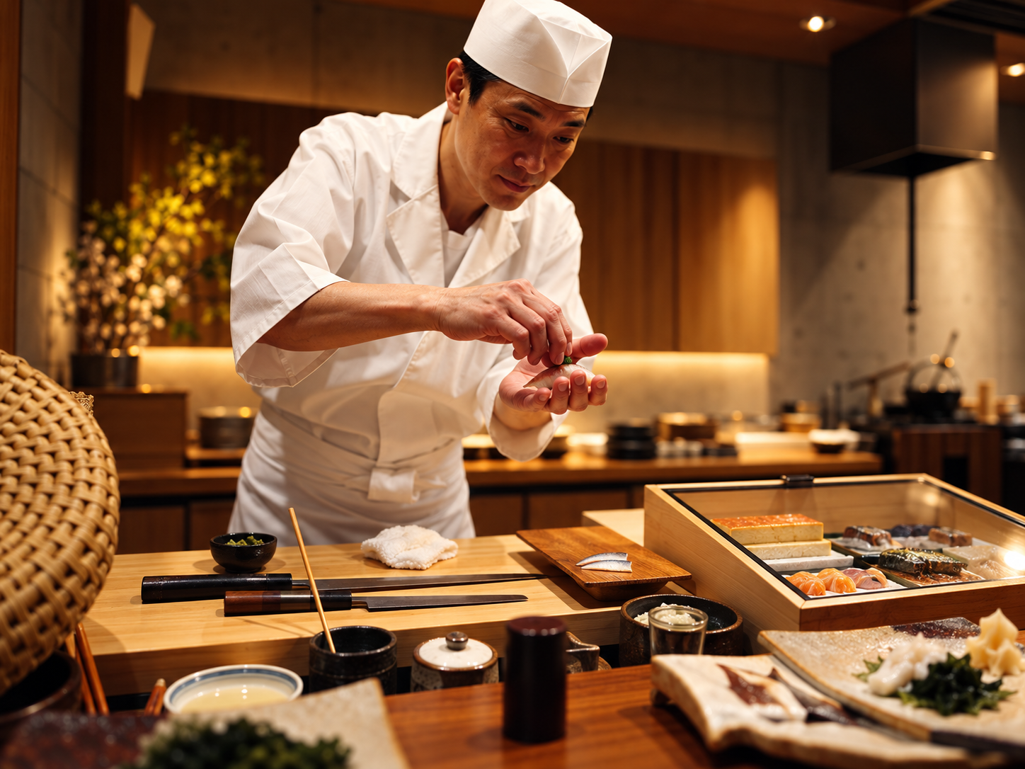 Sushi chef preparing omakase