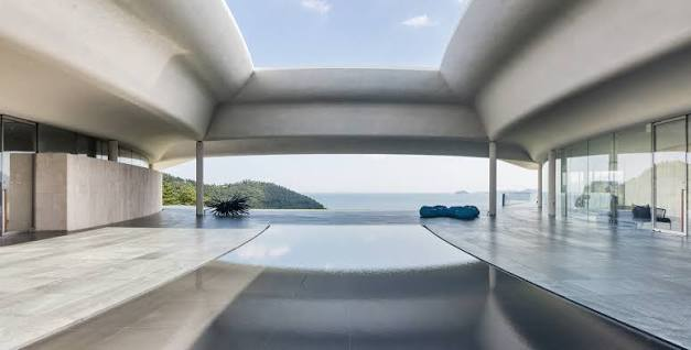 Ocean-facing lobby at Southcape Spa and Suite in Namhae, South Korea