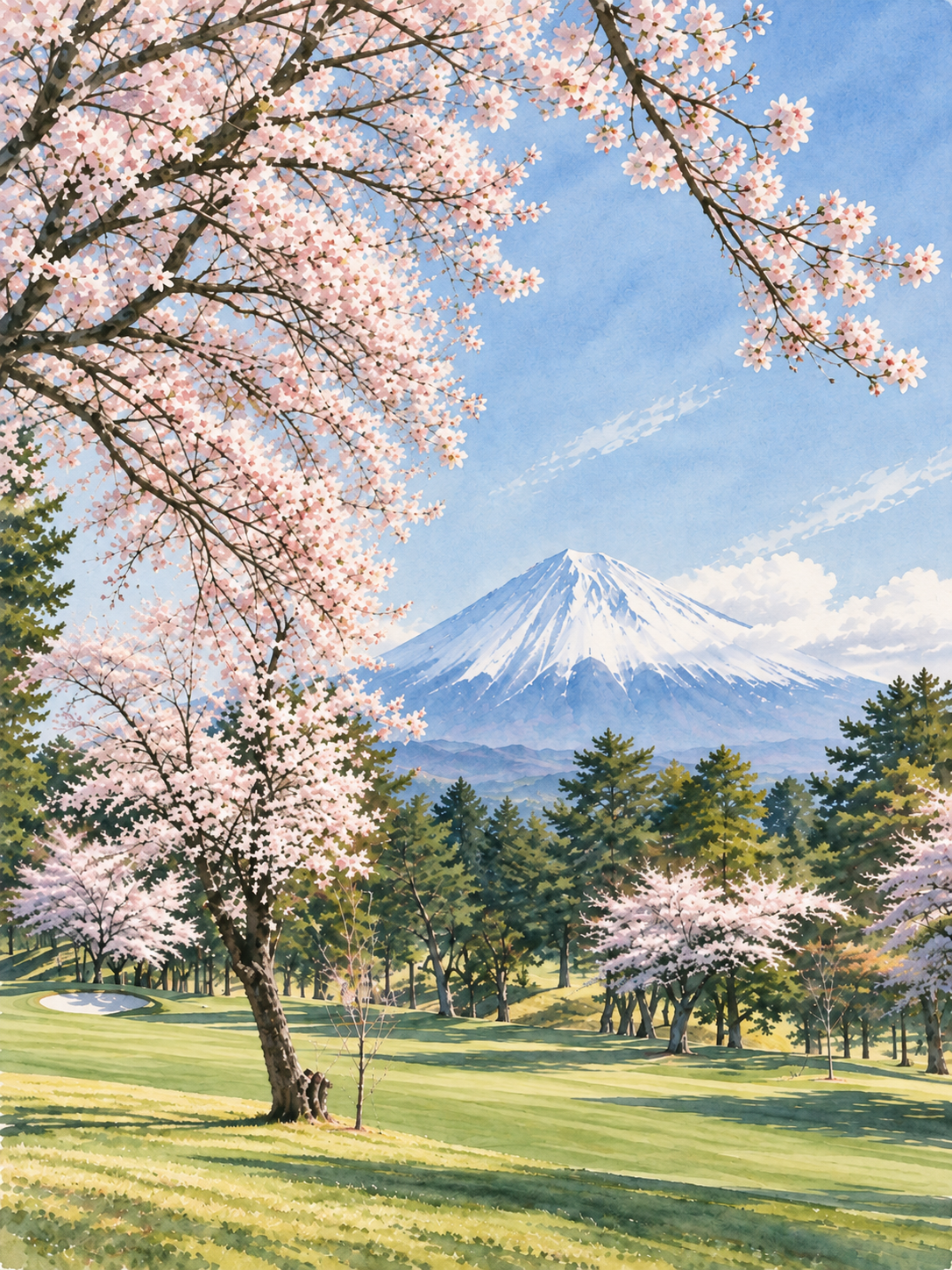 Mount Fuji and cherry blossoms overlooking a Japanese golf course